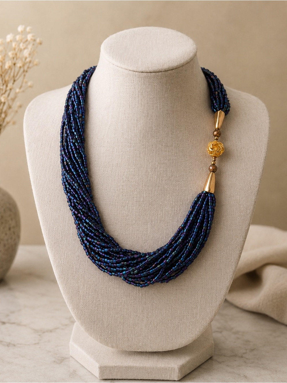 Vintage Iridescent Peacock Seed Bead Multi-Strand Necklace Statement Piece